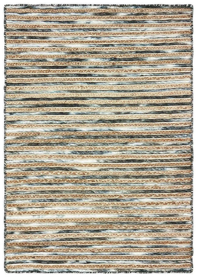 8' X 10' Charcoal Cream And Natural Striped Hand Braided Area Rug