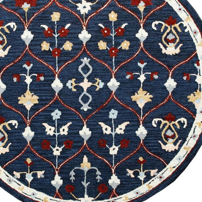 7' Navy Blue And Red Wool Trellis Hand Tufted Round Rug HomeRoots