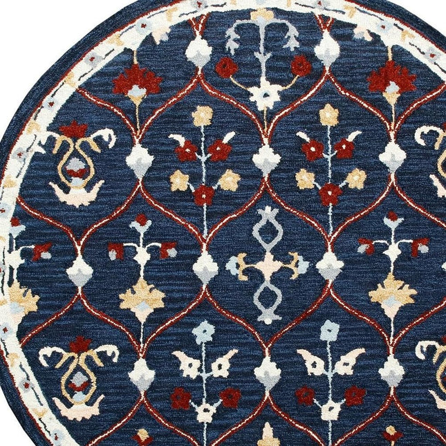 5' Navy Blue And Red Wool Trellis Hand Tufted Round Rug HomeRoots