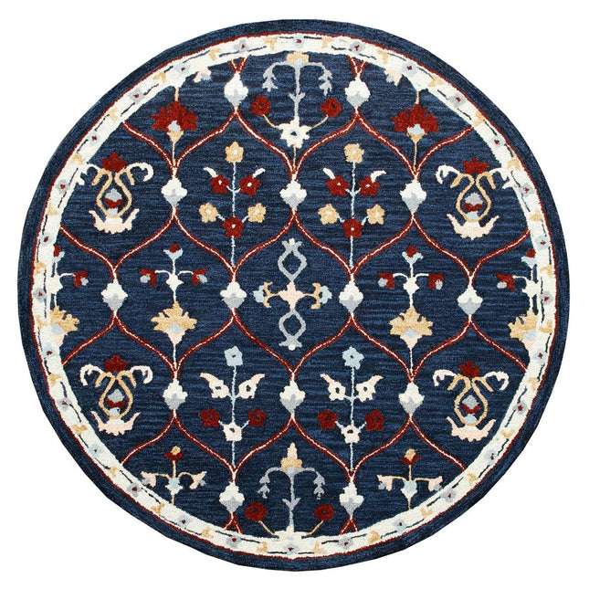 5' Navy Blue And Red Wool Trellis Hand Tufted Round Rug HomeRoots