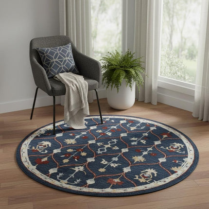 3' Navy Blue And Red Wool Trellis Hand Tufted Round Rug HomeRoots
