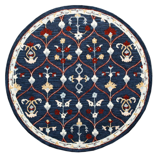 3' Navy Blue And Red Wool Trellis Hand Tufted Round Rug
