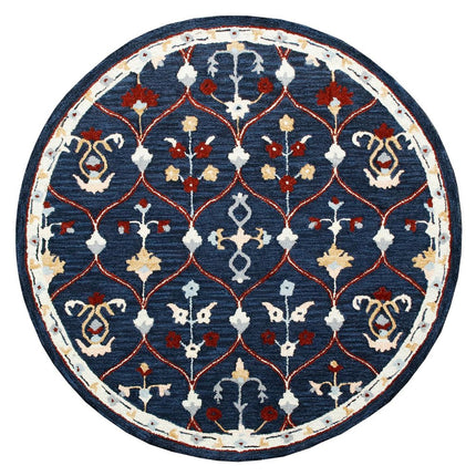 3' Navy Blue And Red Wool Trellis Hand Tufted Round Rug HomeRoots