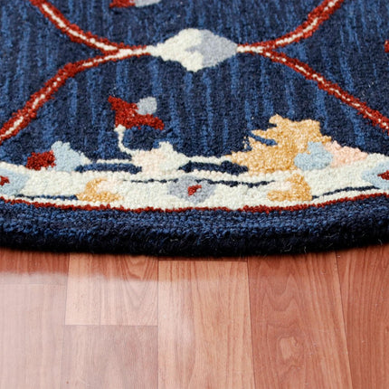 3' Navy Blue And Red Wool Trellis Hand Tufted Round Rug HomeRoots
