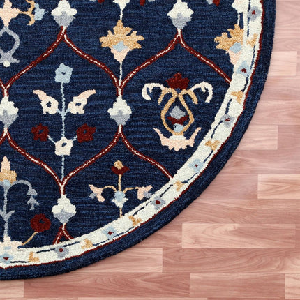 3' Navy Blue And Red Wool Trellis Hand Tufted Round Rug HomeRoots