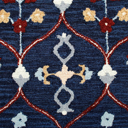 3' Navy Blue And Red Wool Trellis Hand Tufted Round Rug HomeRoots