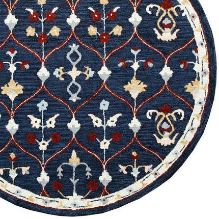 3' Navy Blue And Red Wool Trellis Hand Tufted Round Rug HomeRoots