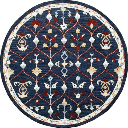 3' Navy Blue And Red Wool Trellis Hand Tufted Round Rug HomeRoots