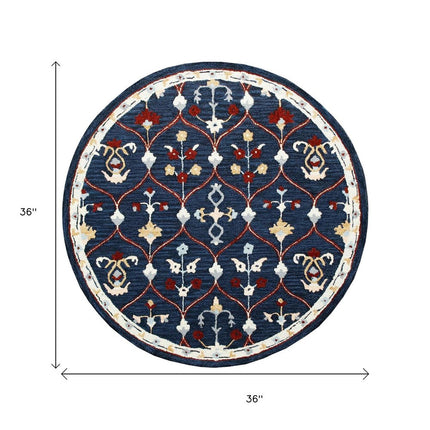 3' Navy Blue And Red Wool Trellis Hand Tufted Round Rug HomeRoots