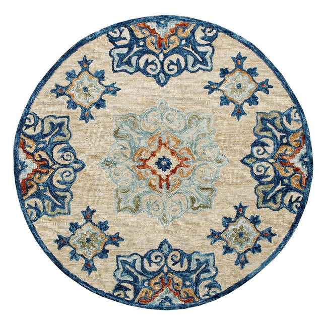 7' Beige And Blue Wool Medallion Hand Tufted Round Rug HomeRoots