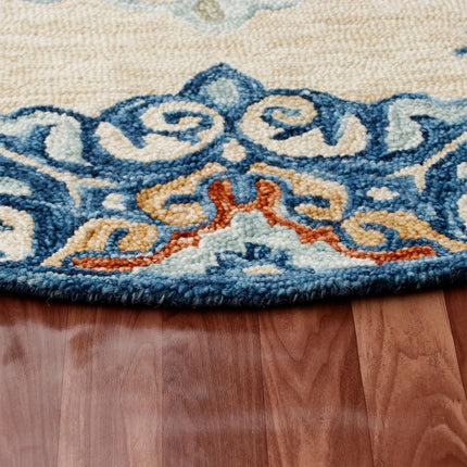 7' Beige And Blue Wool Medallion Hand Tufted Round Rug HomeRoots