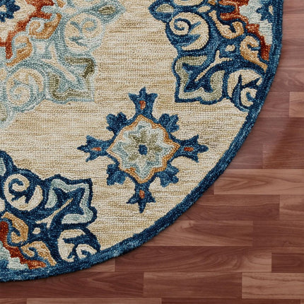 7' Beige And Blue Wool Medallion Hand Tufted Round Rug HomeRoots