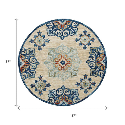 7' Beige And Blue Wool Medallion Hand Tufted Round Rug HomeRoots
