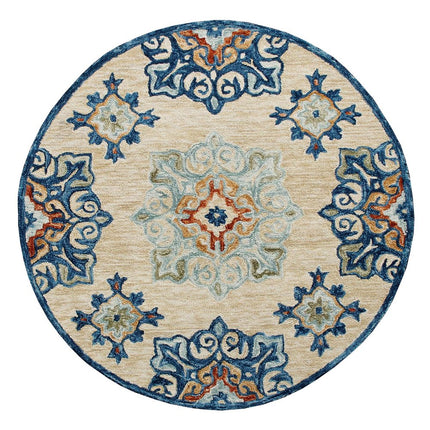 3' Beige And Blue Wool Medallion Hand Tufted Round Rug