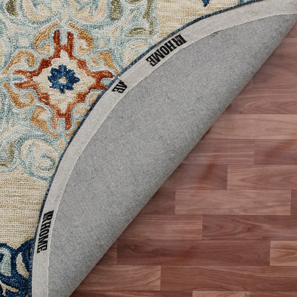 3' Beige And Blue Wool Medallion Hand Tufted Round Rug