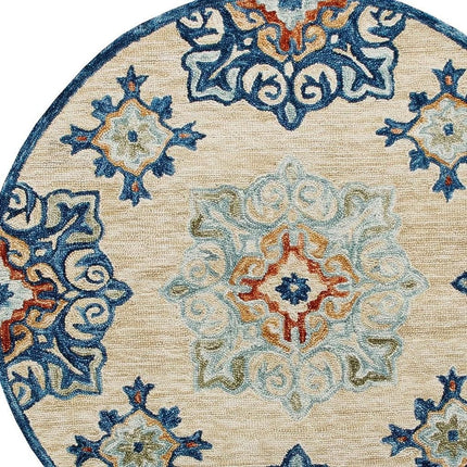 3' Beige And Blue Wool Medallion Hand Tufted Round Rug