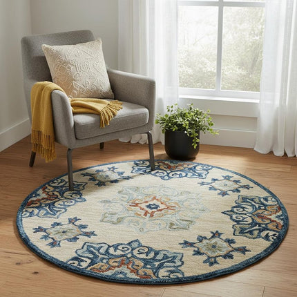 3' Beige And Blue Wool Medallion Hand Tufted Round Rug