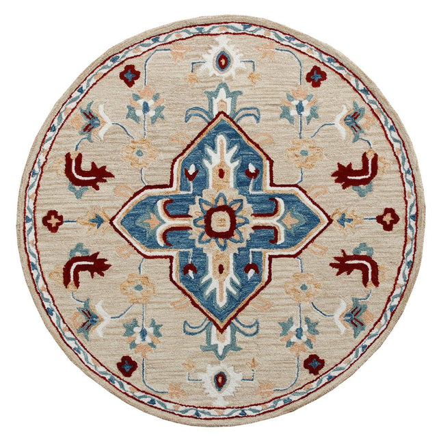 7' Beige And Blue Wool Medallion Hand Tufted Washable Round Rug HomeRoots