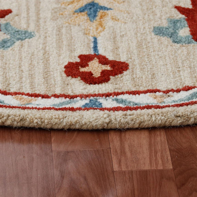7' Beige And Blue Wool Medallion Hand Tufted Washable Round Rug HomeRoots