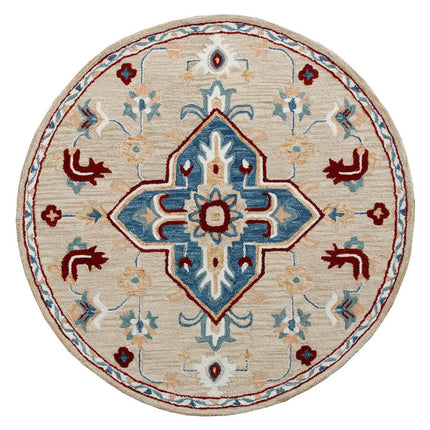 5' Beige And Blue Wool Medallion Hand Tufted Washable Round Rug HomeRoots