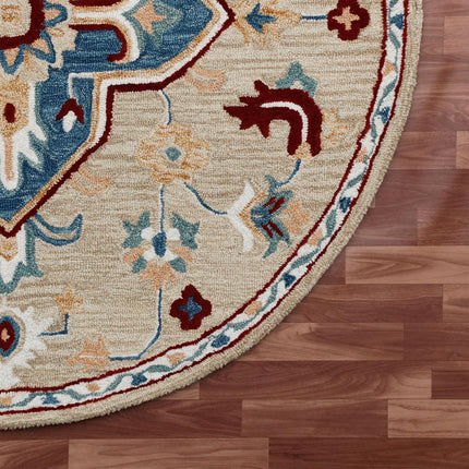 5' Beige And Blue Wool Medallion Hand Tufted Washable Round Rug