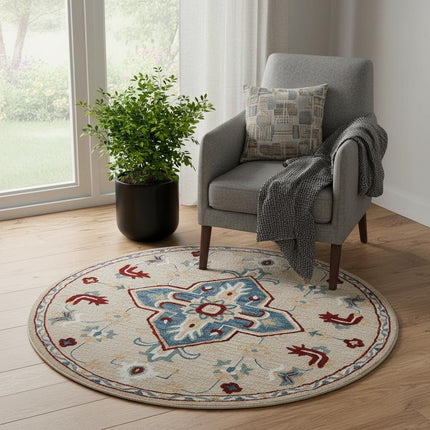 5' Beige And Blue Wool Medallion Hand Tufted Washable Round Rug HomeRoots