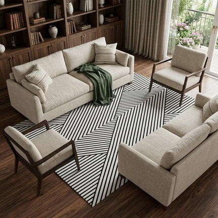 9' X 12' White And Black Geometric Washable Area Rug With UV Protection HomeRoots