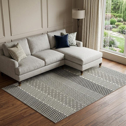 9' X 12' White And Black Striped Washable Area Rug With UV Protection HomeRoots