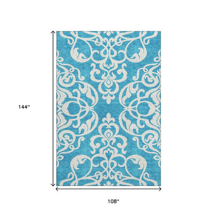 9' X 12' Turquoise And Ivory Damask Washable Area Rug With UV Protection HomeRoots