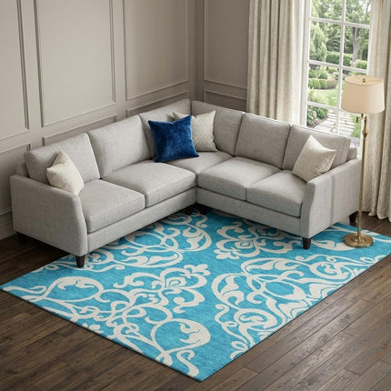9' X 12' Turquoise And Ivory Damask Washable Area Rug With UV Protection HomeRoots