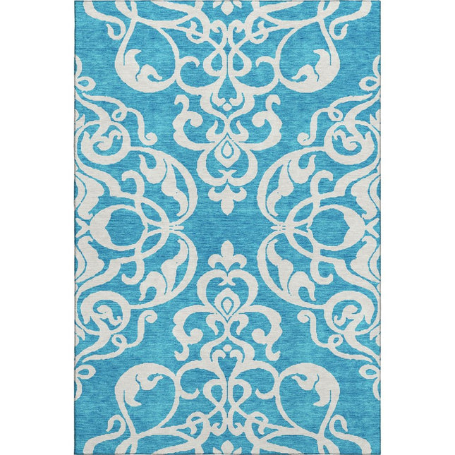 9' X 12' Turquoise And Ivory Damask Washable Area Rug With UV Protection