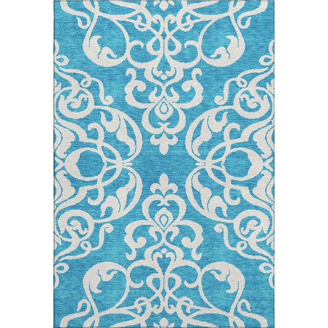 9' X 12' Turquoise And Ivory Damask Washable Area Rug With UV Protection HomeRoots