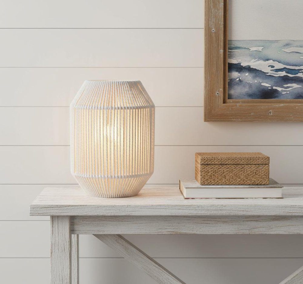 7" Beige Battery Operated Geometric Desk Lamp With Novelty Shade