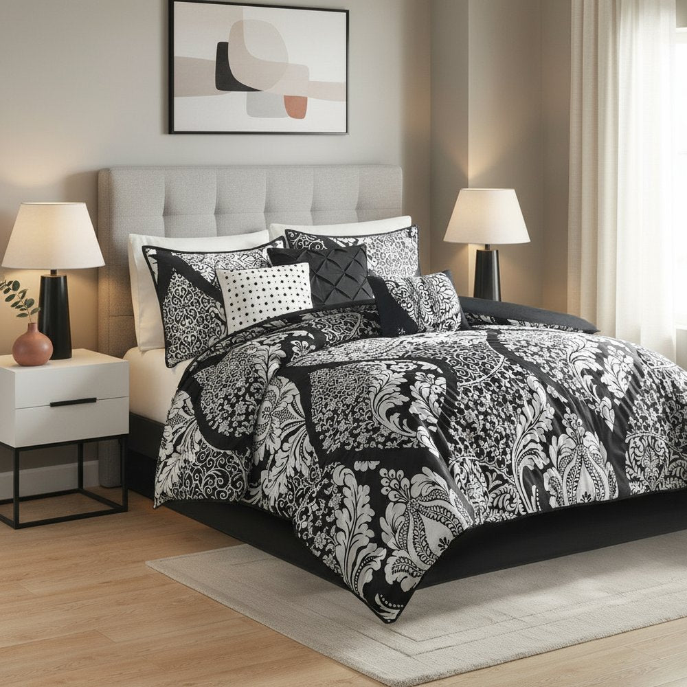 Set of Seven Black And White Damask King Ring Stitch Polyester Sham And Comforter