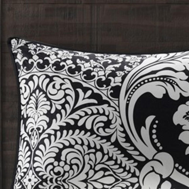 Set of Seven Black And White Damask King Ring Stitch Polyester Sham And Comforter