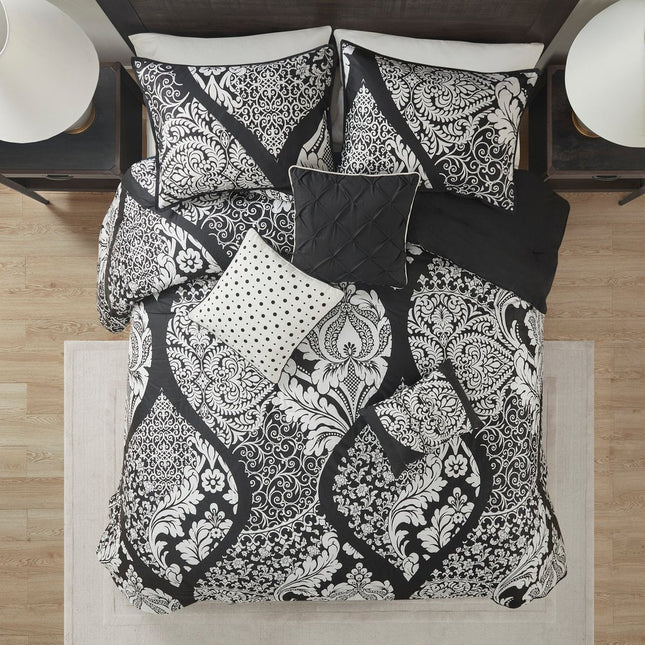 Set of Seven Black And White Damask King Ring Stitch Polyester Sham And Comforter