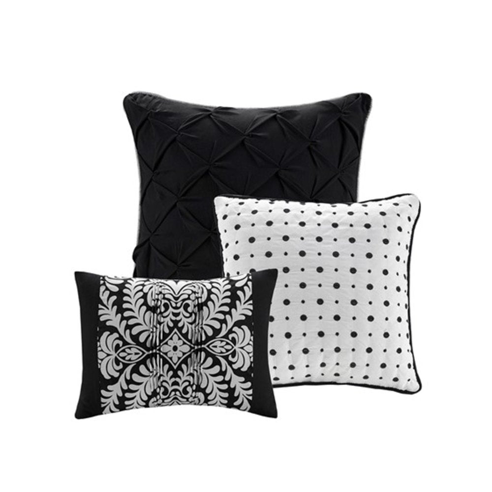Set of Seven Black And White Damask King Ring Stitch Polyester Sham And Comforter