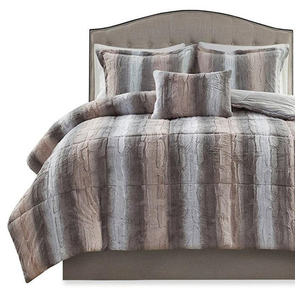 Set of Four Gray And Pink Striped King Ring Stitch Polyester Sham And Comforter HomeRoots