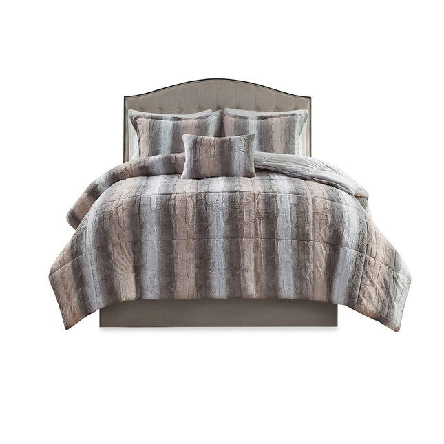 Set of Four Gray And Pink Striped King Ring Stitch Polyester Sham And Comforter