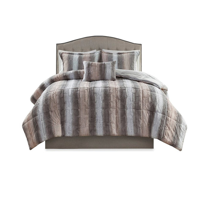 Set of Four Gray And Pink Striped Queen Ring Stitch Polyester Sham And Comforter HomeRoots