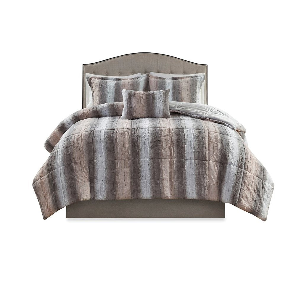 Set of Four Gray And Pink Striped Queen Ring Stitch Polyester Sham And Comforter