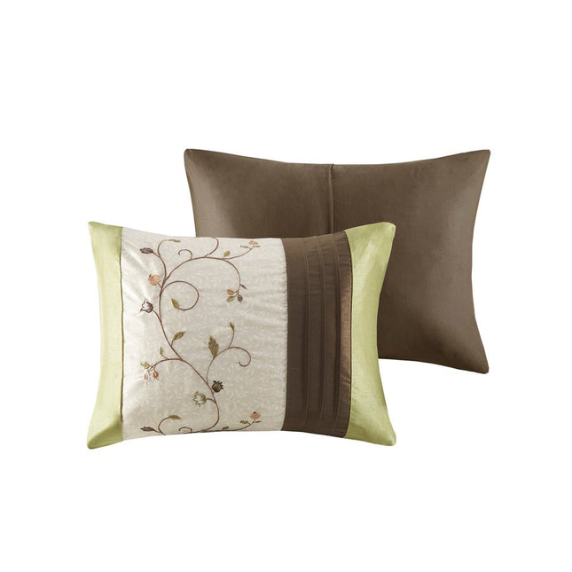 Set of Seven Green And Brown Floral King Ring Stitch Polyester Sham And Comforter