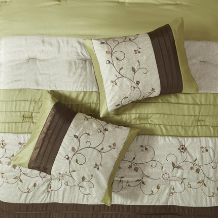 Set of Seven Green And Brown Floral King Ring Stitch Polyester Sham And Comforter