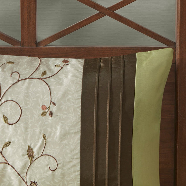 Set of Seven Green And Brown Floral King Ring Stitch Polyester Sham And Comforter