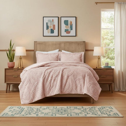Set of Three Blush Medallion Queen Ring Stitch Polyester Sham And Comforter