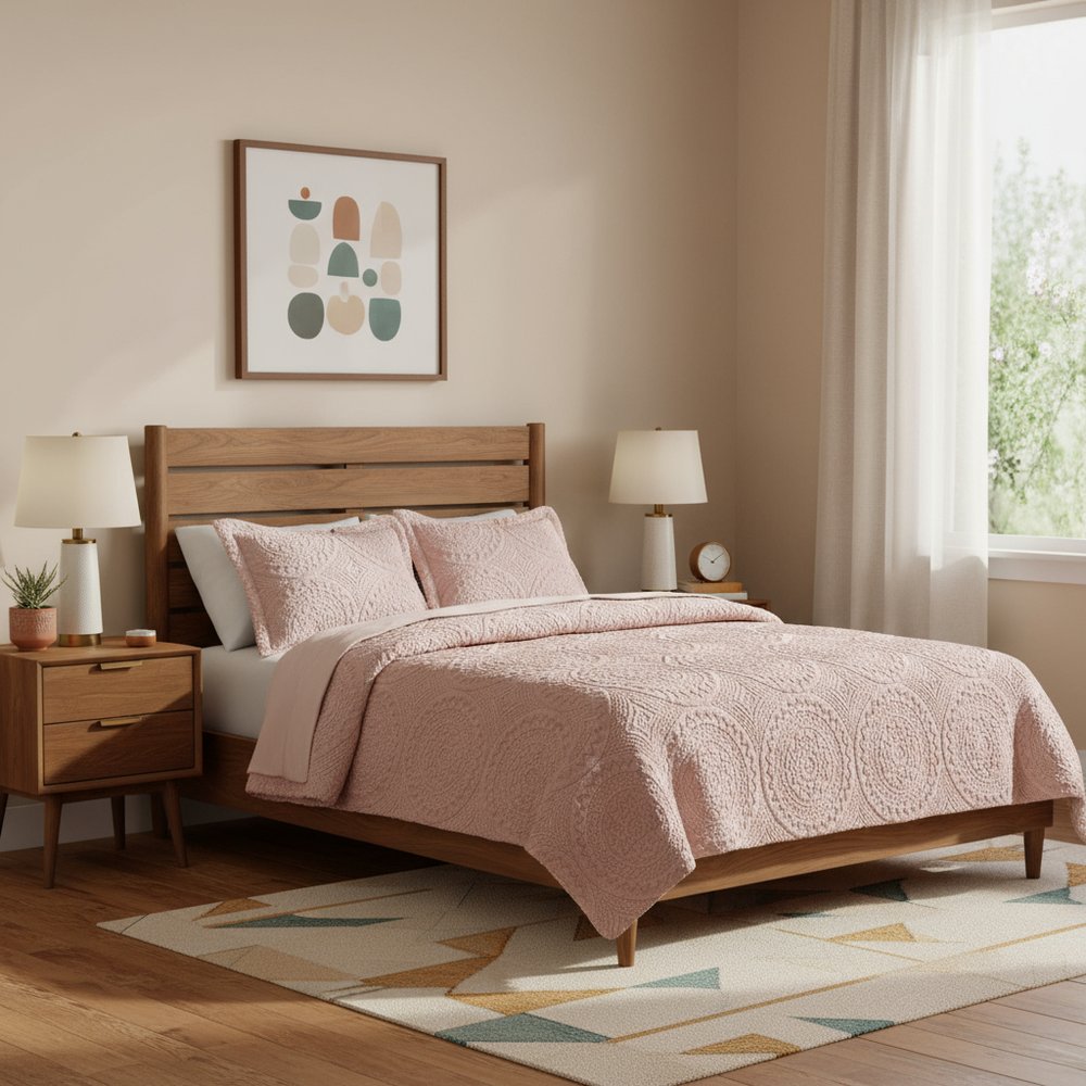 Set of Three Blush Medallion Twin Ring Stitch Polyester Sham And Comforter