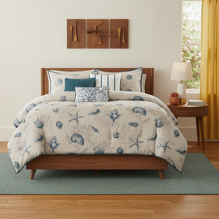 Set of Seven Blue And Ivory King Ring Stitch Sham And Comforter HomeRoots