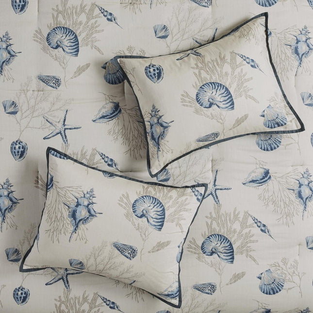 Set of Seven Blue And Ivory Shells and Starfish King Ring Stitch Comforter And Sham HomeRoots