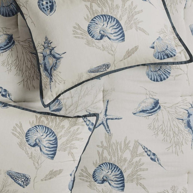 Set of Seven Blue And Ivory Shells and Starfish King Ring Stitch Comforter And Sham HomeRoots