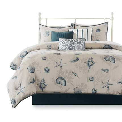 Set of Seven Blue And Ivory Queen Ring Stitch Sham And Comforter